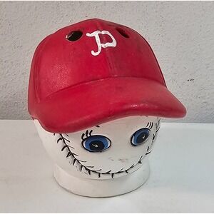 Vintage Baseball Head Pencil Holder Incense Burner Figurine Red Cap Hand Painted